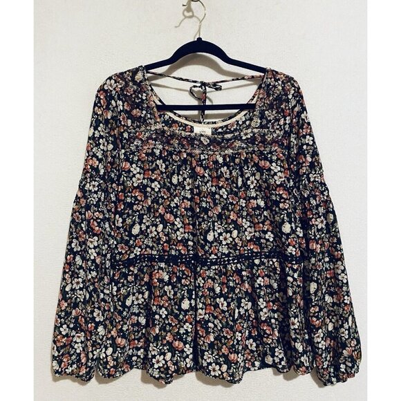 Knox Rose Top Womens XL Black Floral Embroidered Tasseled Boho Peasant Flowy - Picture 2 of 8